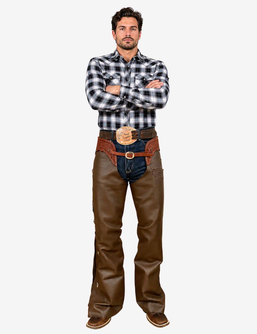Male model wearing dark brown leather shotgun chaps with western tooled details and classic cowboy styling.