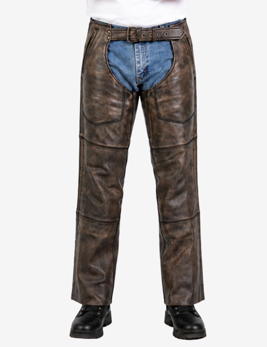 Close front view of brown distressed leather assless biker chaps with reinforced stitching and belt closure.