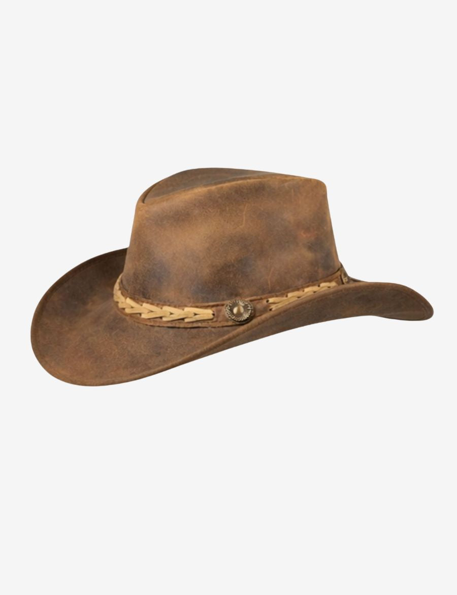 Distressed tan leather cowboy hat with a weathered finish, curved brim, braided hatband, and decorative concho accent.