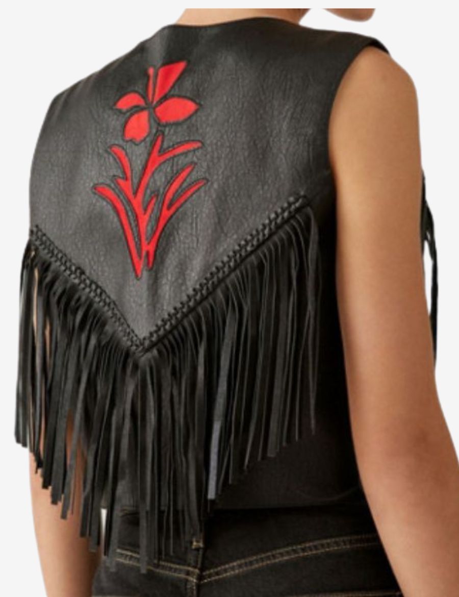 Back view of embroidered womens leather fringe vest showcasing floral embroidered artwork, western yoke fringe design, premium leather craftsmanship, and authentic cowgirl-inspired fashion details.