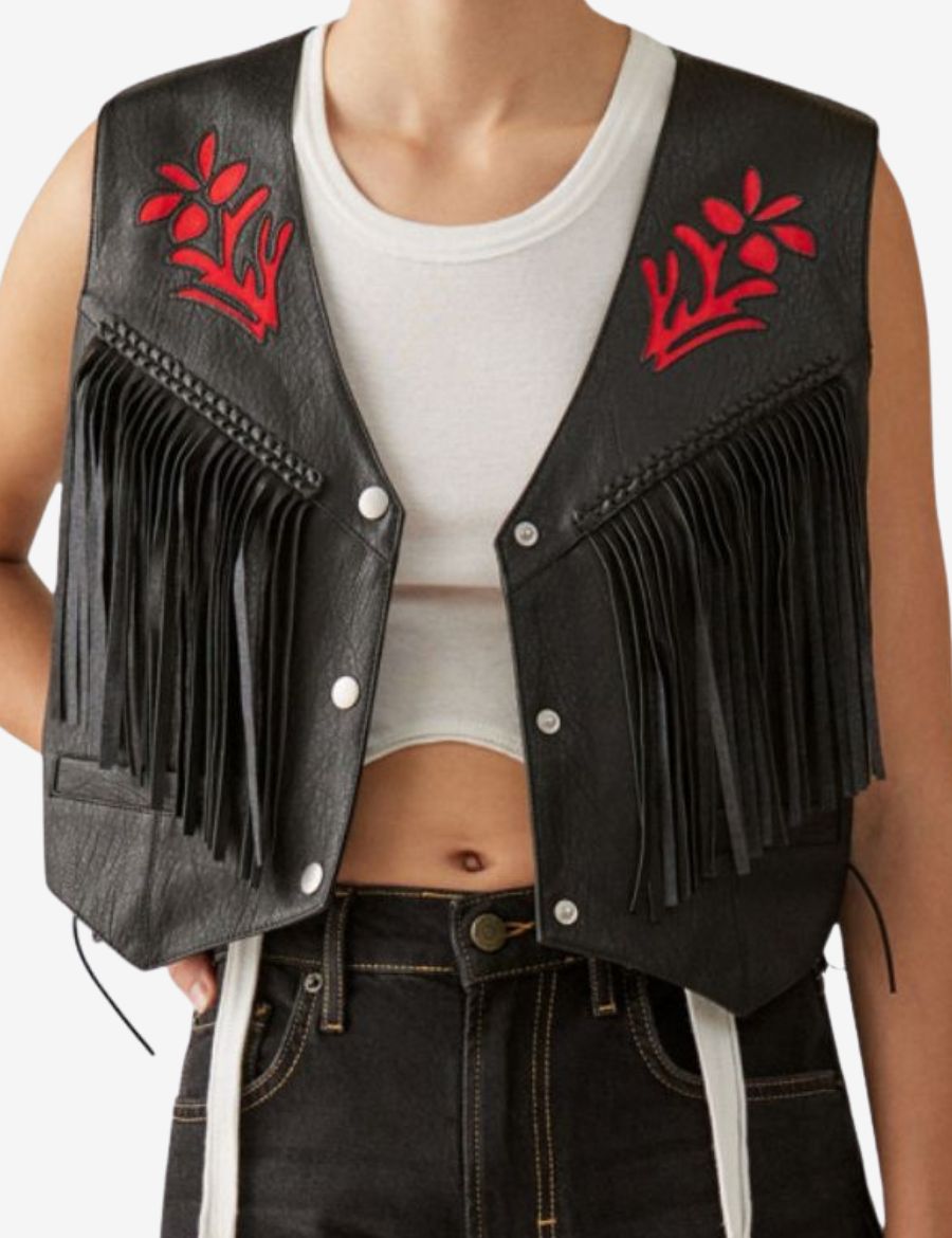 Front view of embroidered womens leather fringe vest featuring black leather construction, floral embroidery accents, long fringe detailing, snap-button closure, and classic western-inspired styling.
