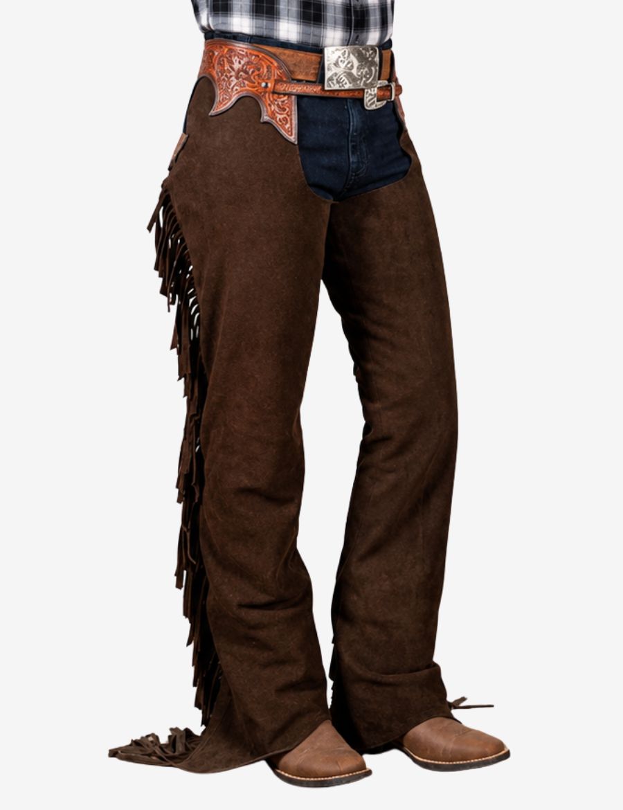 Close-up front view of espresso brown western chaps with rich suede finish and engraved leather detailing.