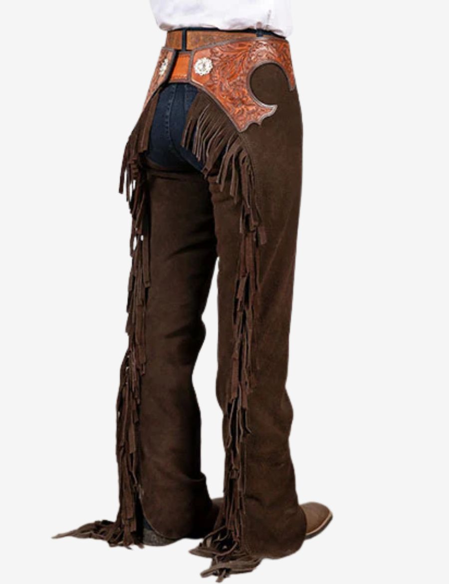 Back view of espresso brown cowboy chaps featuring flowing suede fringe and detailed tooled leather yoke.