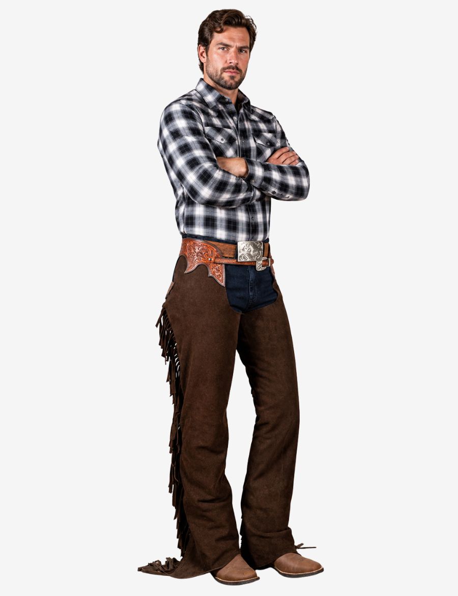 Front model view of espresso brown cowboy chaps with soft suede texture and long western fringe styling.