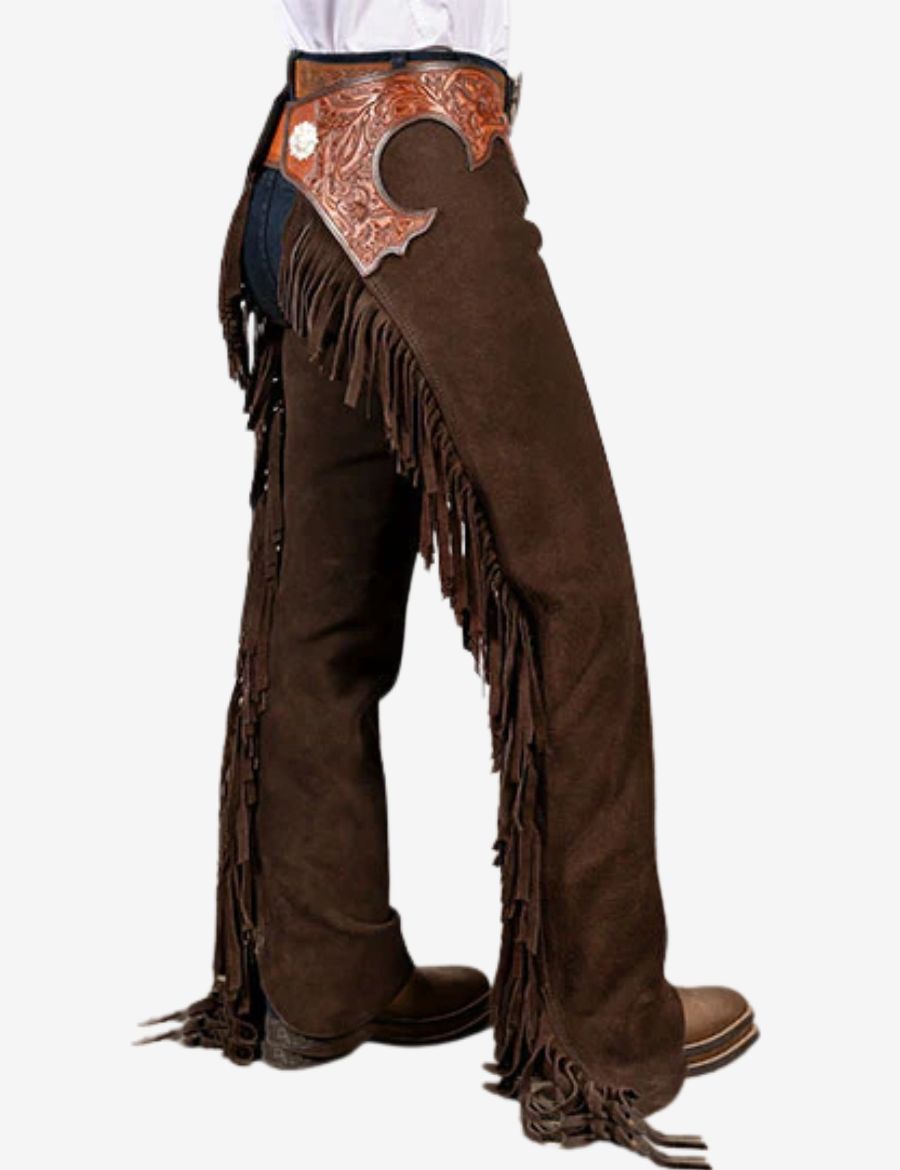 Rear side view of espresso brown cowboy chaps highlighting layered fringe and western leather craftsmanship.