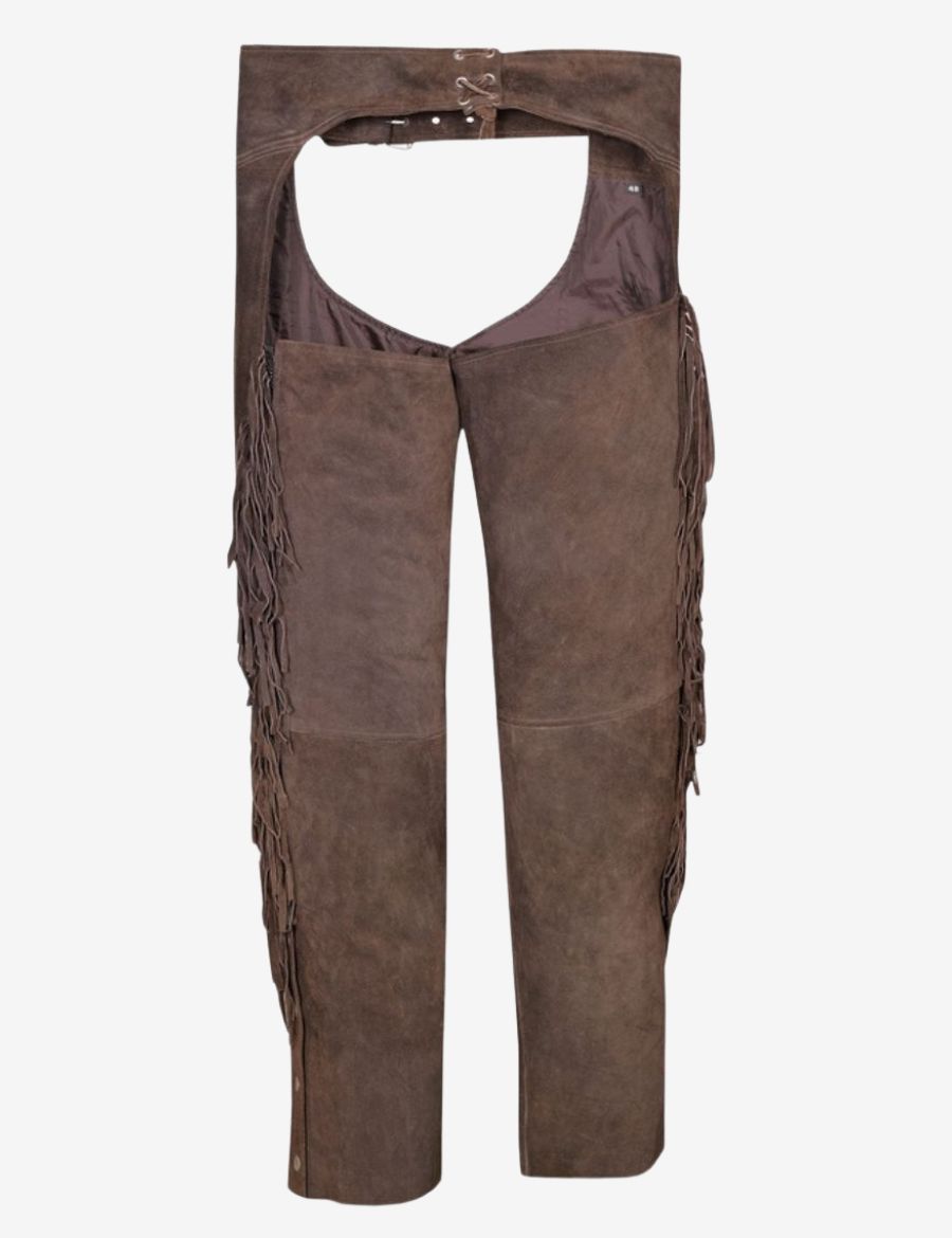Back view of brown suede women western chaps with adjustable waist and classic cowgirl fringe styling.