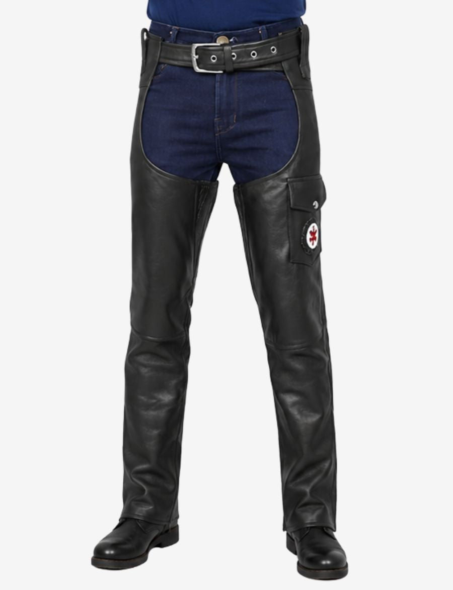 Front view of fitted black leather assless chaps for men with smooth biker style and adjustable waist belt.