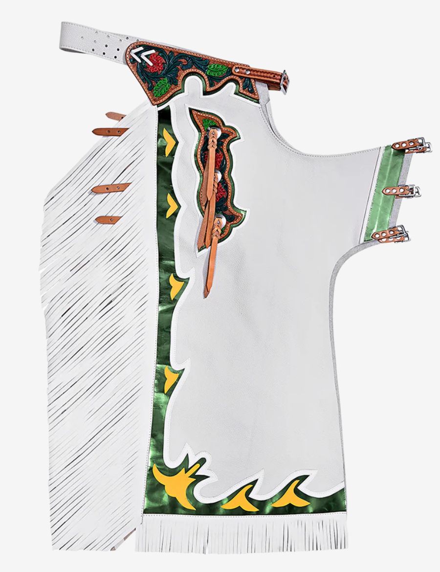White leather rodeo chaps with floral tooling, metallic green accents, and classic western fringe detailing.