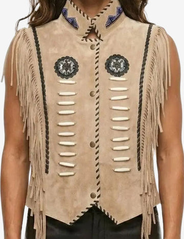 Fringed Beige Suede Womens Western Vest