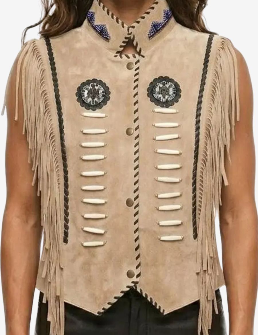 Fringed Beige Suede Womens Western Vest
