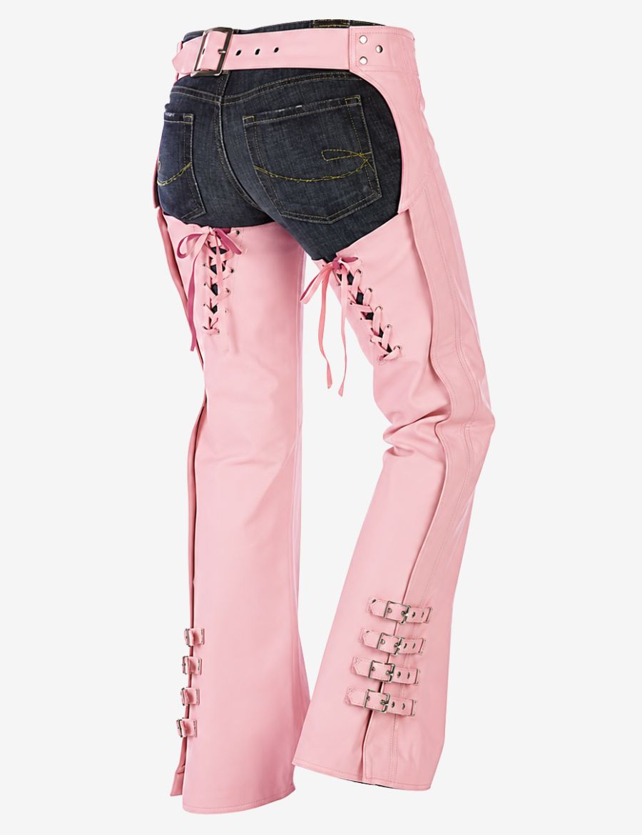 Back view of womens pink chaps featuring lace-up adjustment panels and reinforced leg protection design.