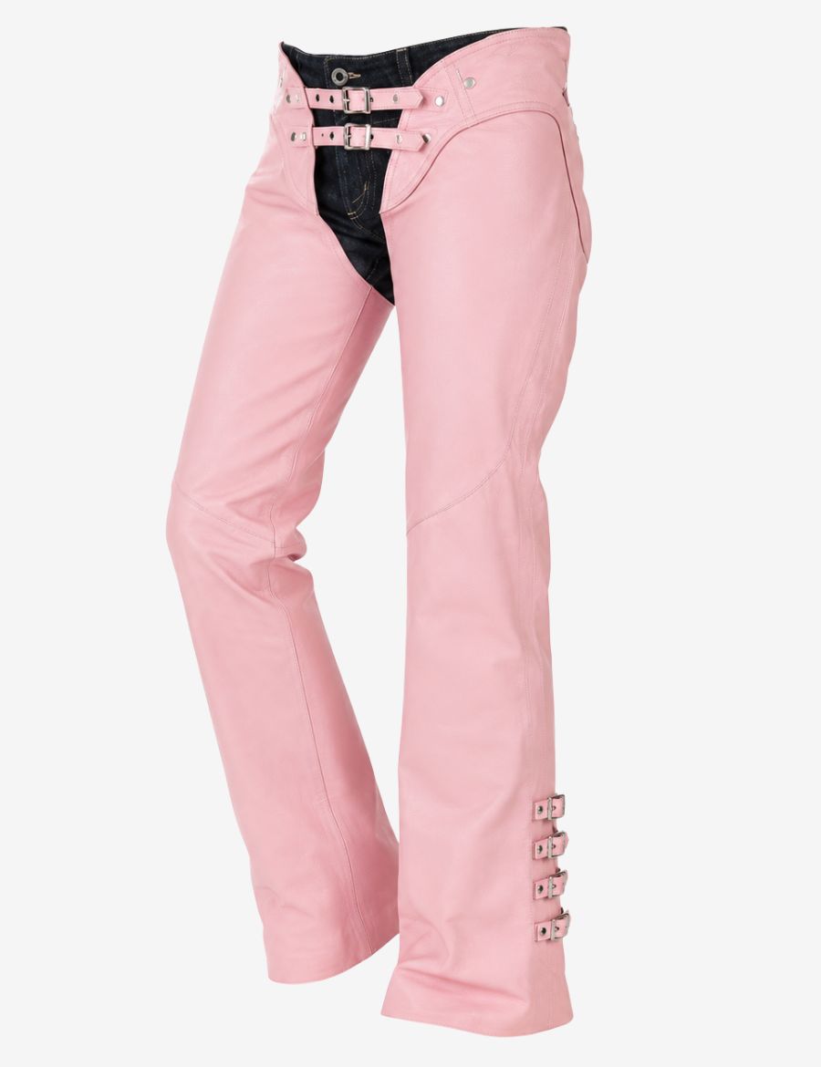 Angled side view of pink leather womens motorcycle chaps showing fitted thigh shaping and multi-strap detailing.
