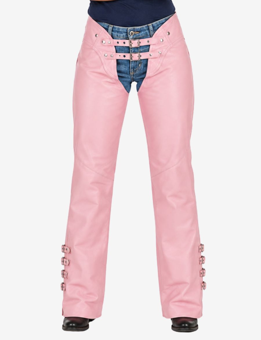Front view of genuine leather womens pink chaps with double buckle waist and slim riding fit over jeans.