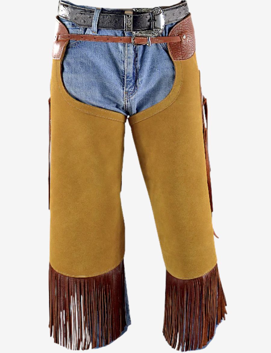 Front view of golden suede concho chinks chaps with western fringe, leather trim, and decorative concho accents.