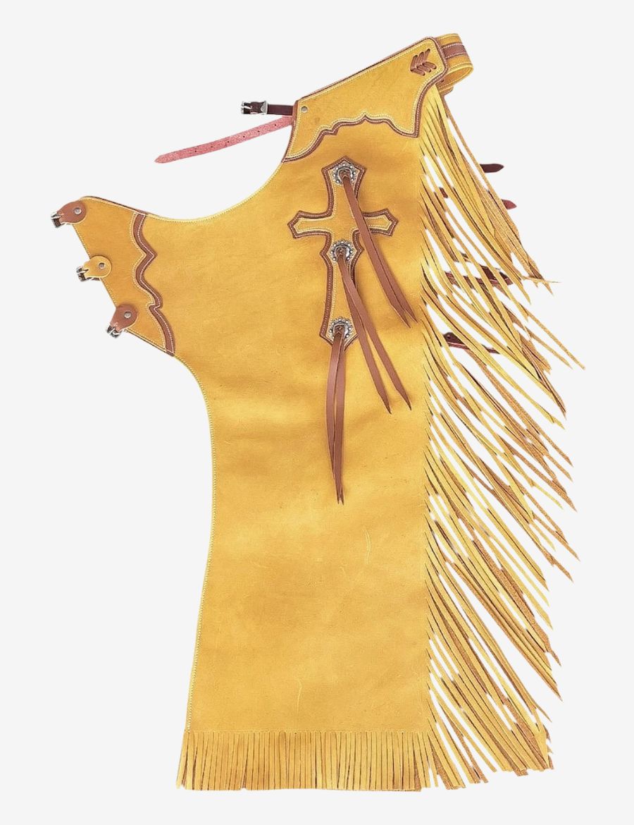 Golden tan bull riding chaps with long fringe, cross detailing, and western leather accents.