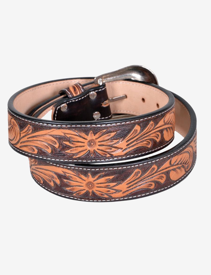 Brown western leather belt with floral carved tooling, contrasting edges, and traditional cowboy styling.