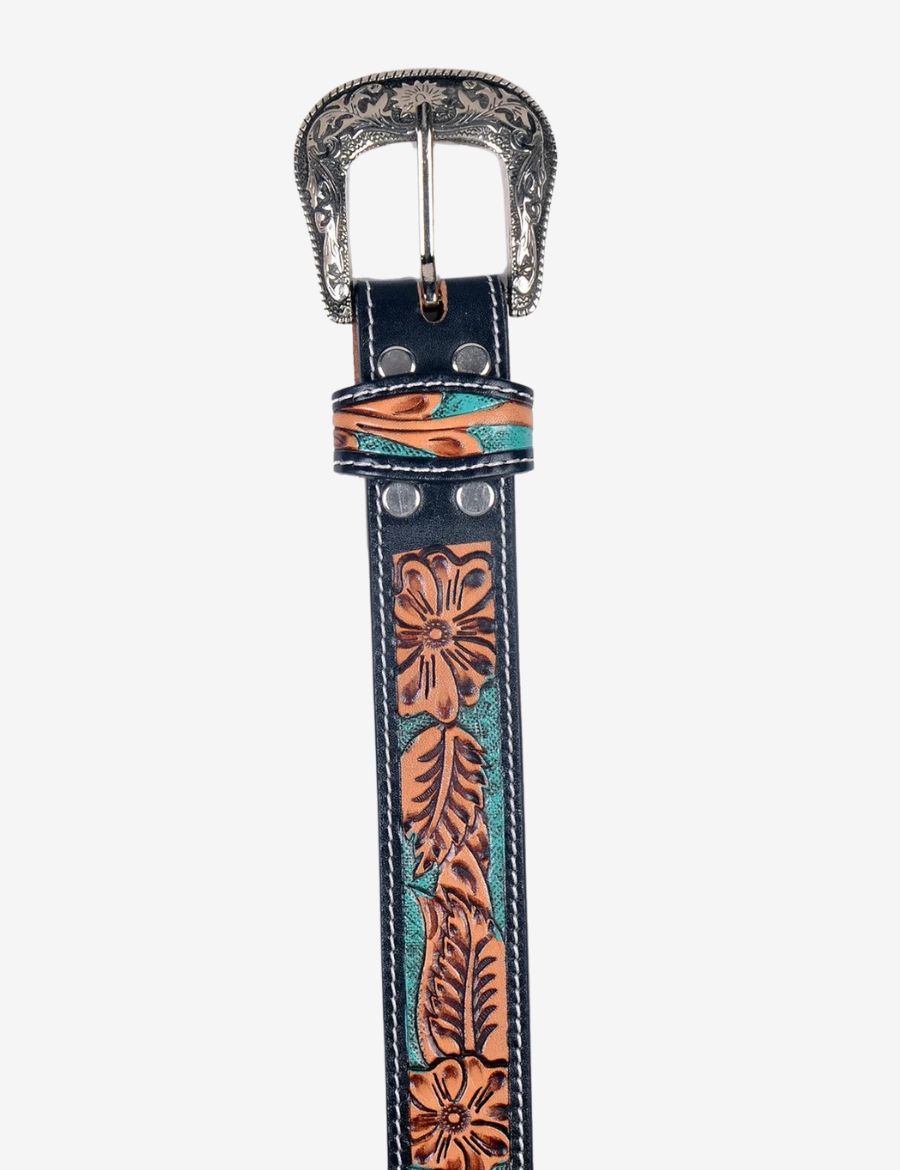 Front view of a handcrafted western leather belt with turquoise floral tooling and decorative silver buckle.
