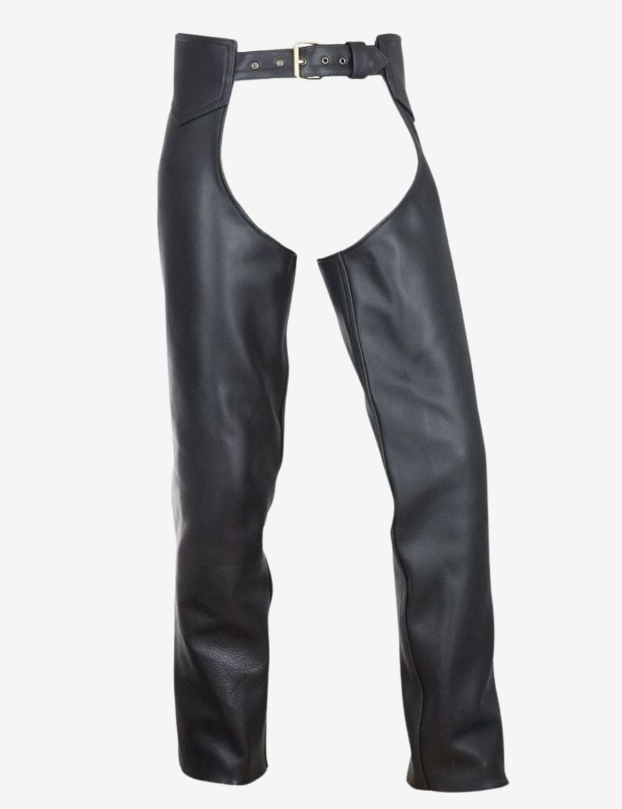 Front view of Havoc black motorcycle buttless chaps with smooth leather finish and buckle waist strap.