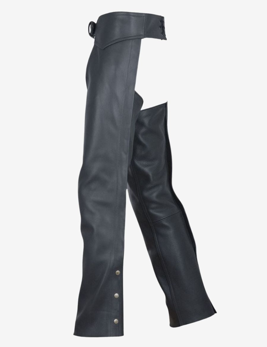 Side view of Havoc black motorcycle buttless chaps featuring snap leg closure and biker riding profile.