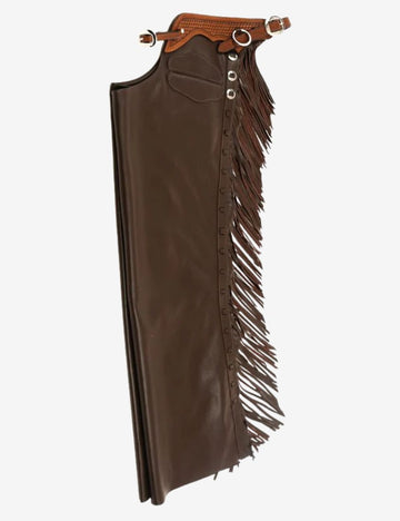 Side view of heritage leather shotgun chaps with basketweave yoke, long fringe, and dark brown leather.