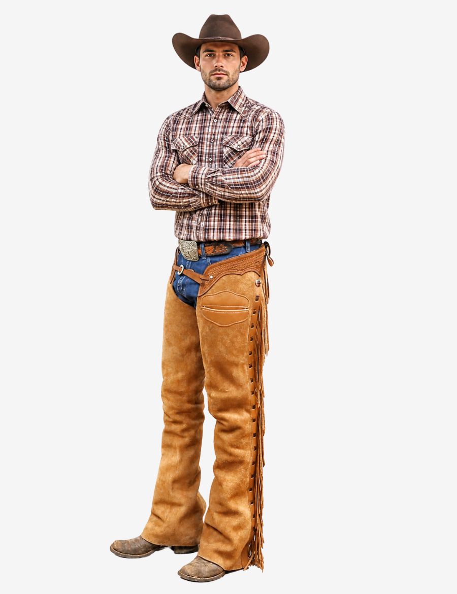 Full front outfit view of heritage tan cowboy chaps paired with western shirt and classic cowboy boots.