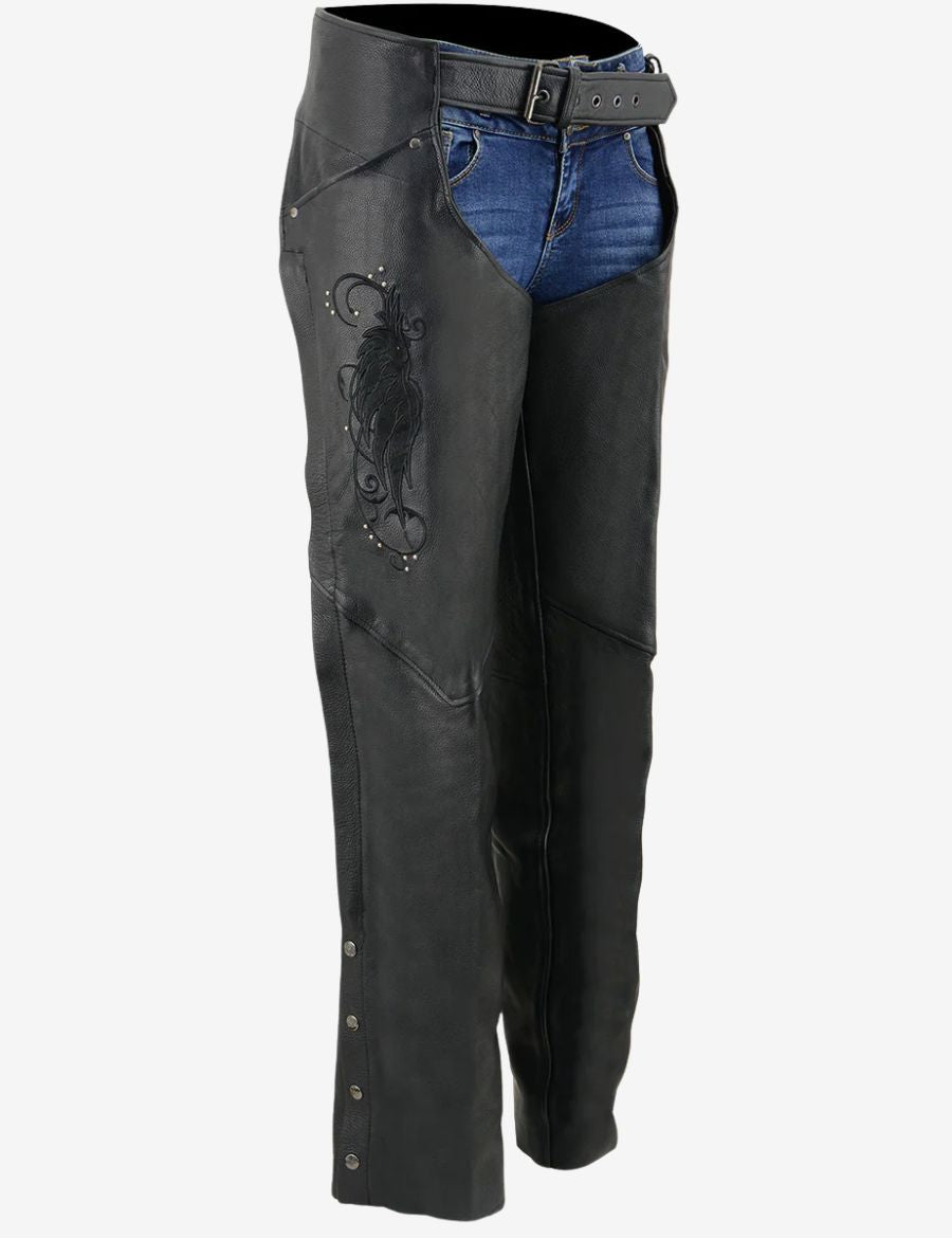 Angled front view of Highway Belted women's motorcycle chaps highlighting embroidered leather panels and riding comfort.