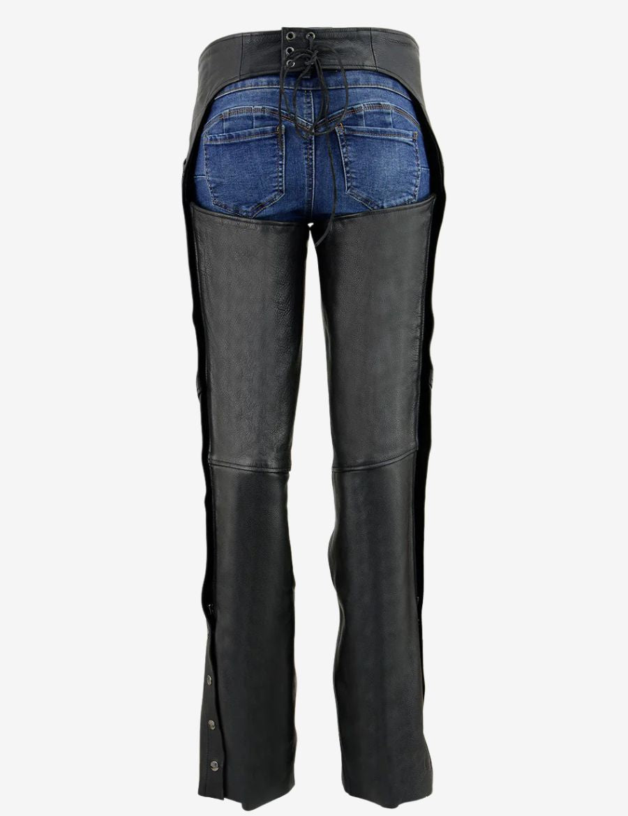 Back view of Highway Belted women's motorcycle chaps featuring lace-up rear waist adjustment and durable leather design.