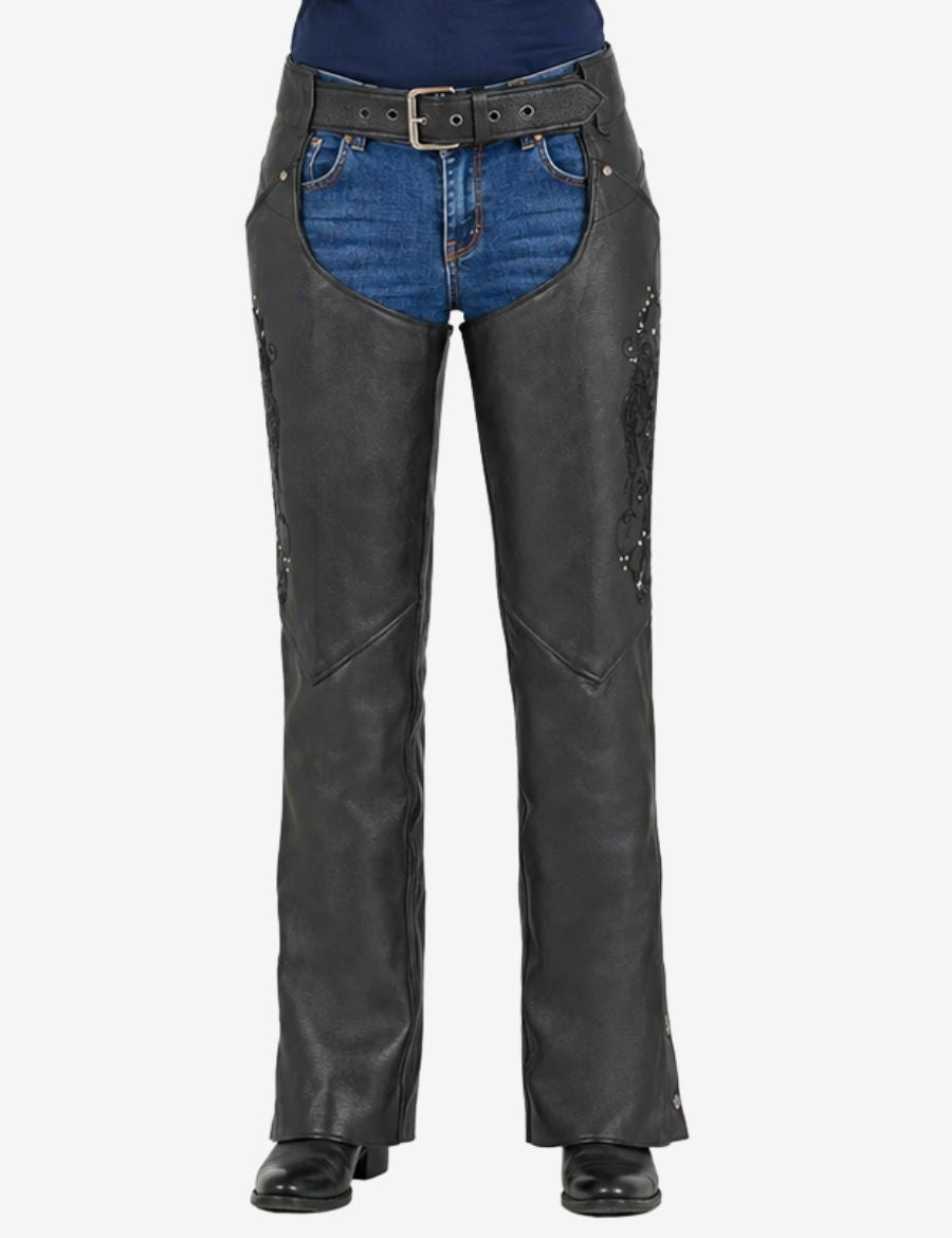 Highway Belted women's motorcycle chaps in black leather with embroidered leg detailing and adjustable belt waist.