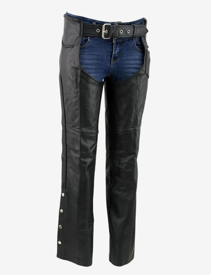 Angled view of womens leather riding chaps highlighting structured leg fit, adjustable waistband, and durable motorcycle-grade leather construction.