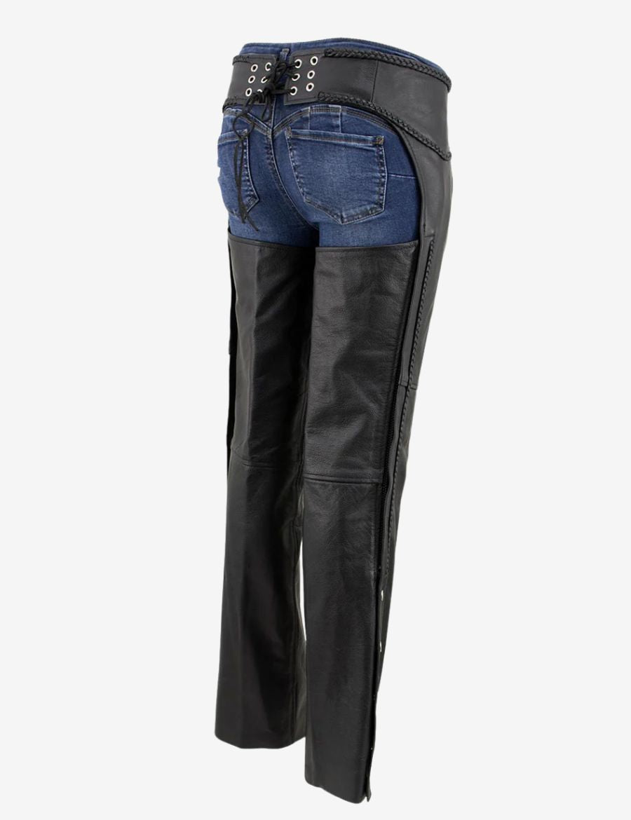 Back side view of womens highway comfort leather chaps showing rear belt adjustment, full leg coverage, and streamlined riding protection design.