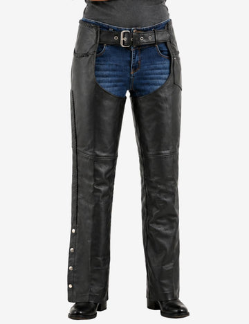 Close front view of ladies motorcycle leather chaps showing belt closure, smooth leather finish, and reinforced protective riding panels.