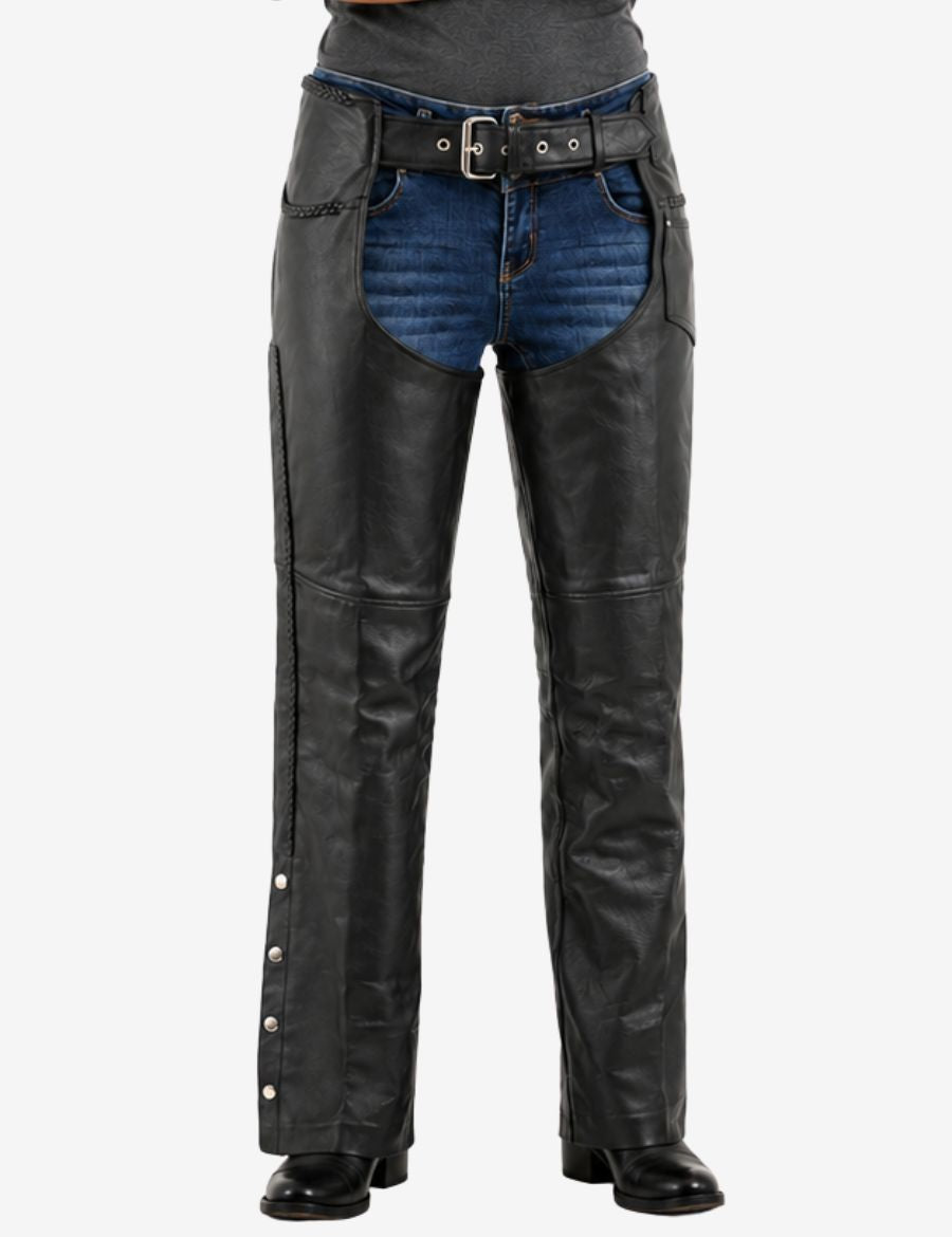 Close front view of ladies motorcycle leather chaps showing belt closure, smooth leather finish, and reinforced protective riding panels.