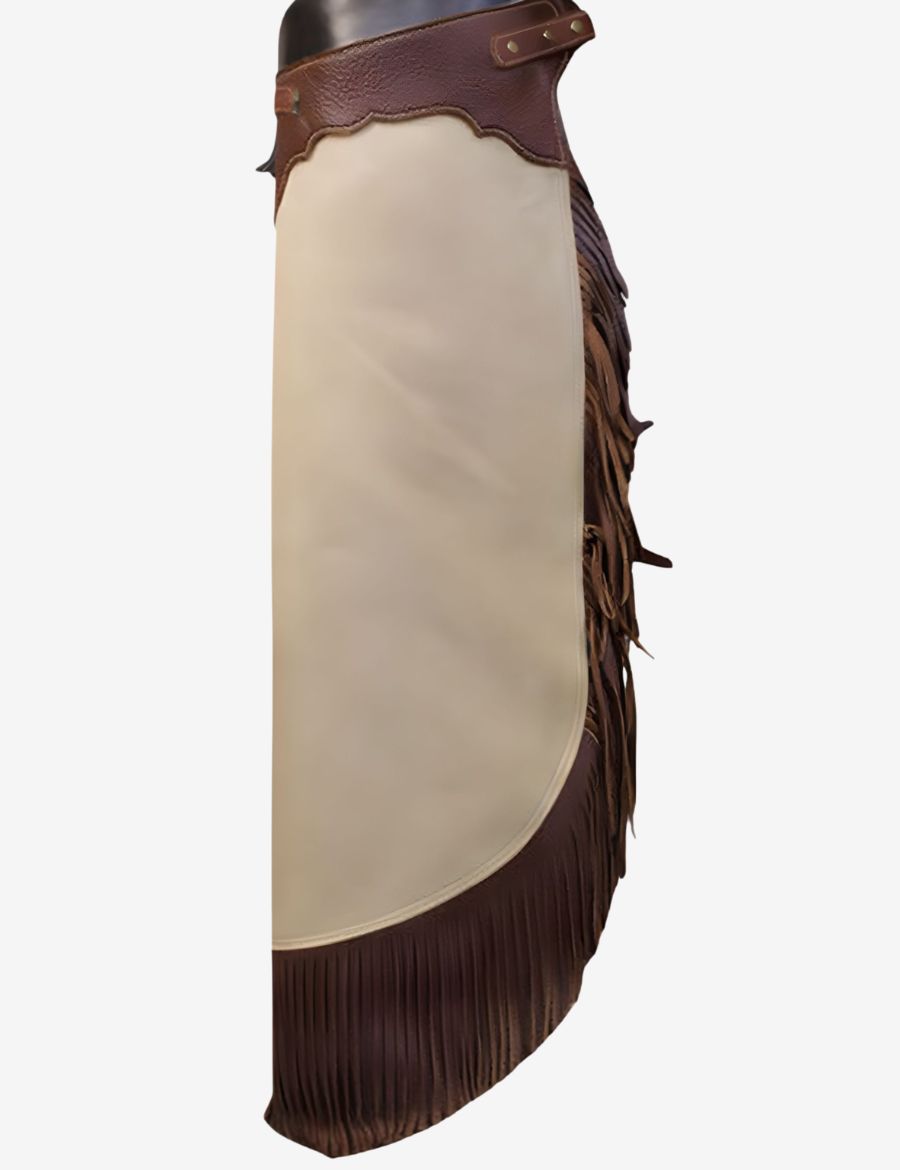 Back side view of ivory leather cowboy chinks chaps with long brown fringe and durable handcrafted western design.