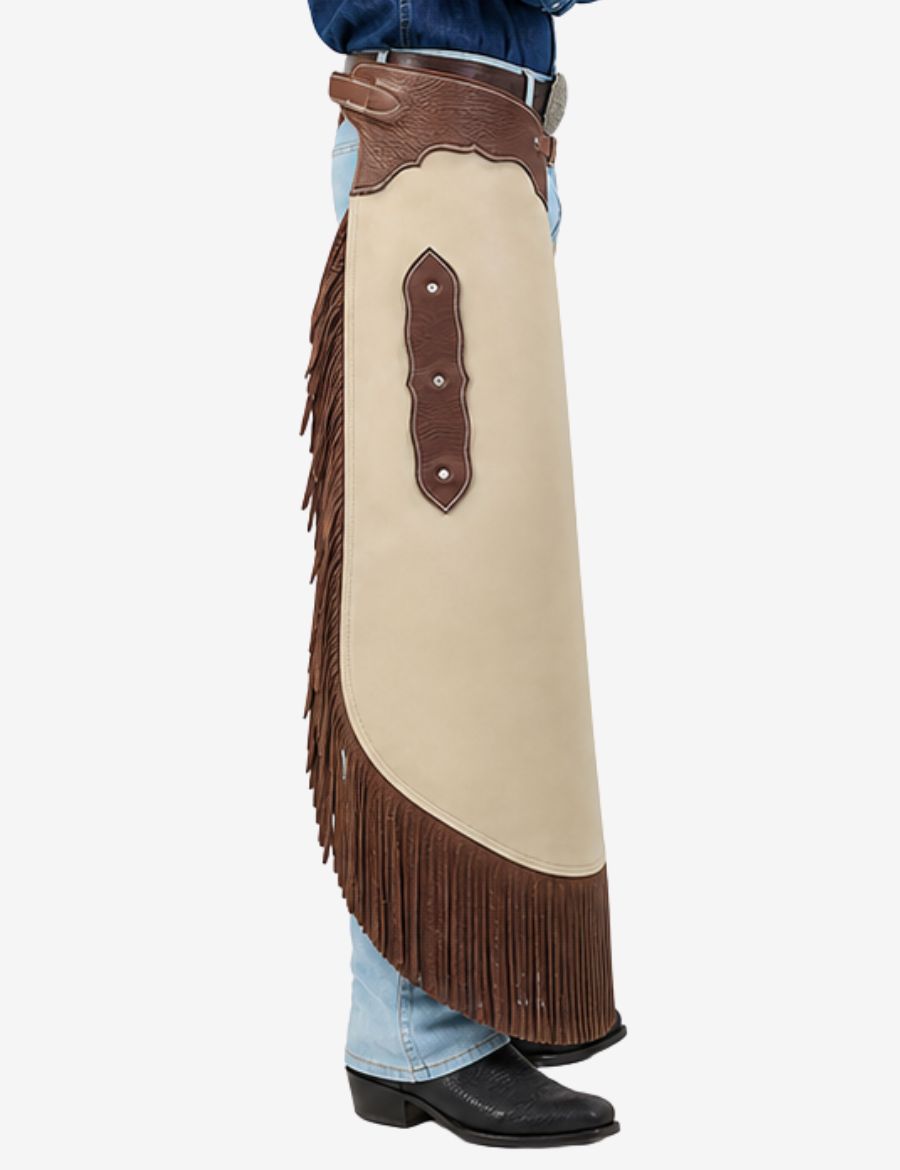 Front side view of ivory leather cowboy chinks chaps with brown fringe trim, smooth leather panels, and western styling.