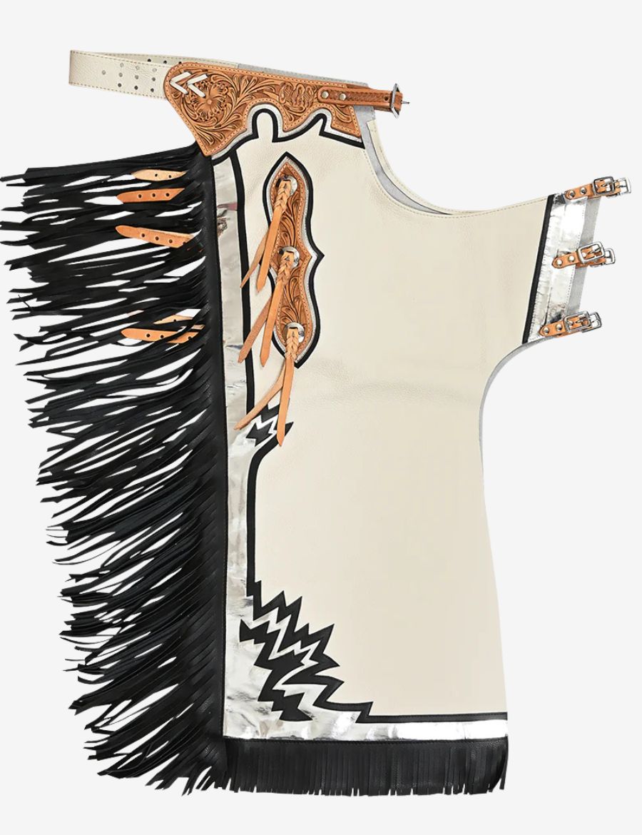 Ivory rodeo chaps with black fringe, silver trim, and hand-tooled western leather yoke design.