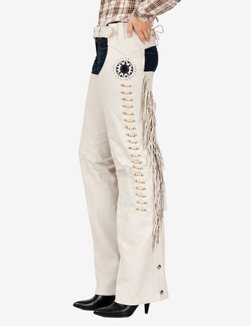 ivory women western show chaps with fringe detailing, silver conchos, and decorative side accents.