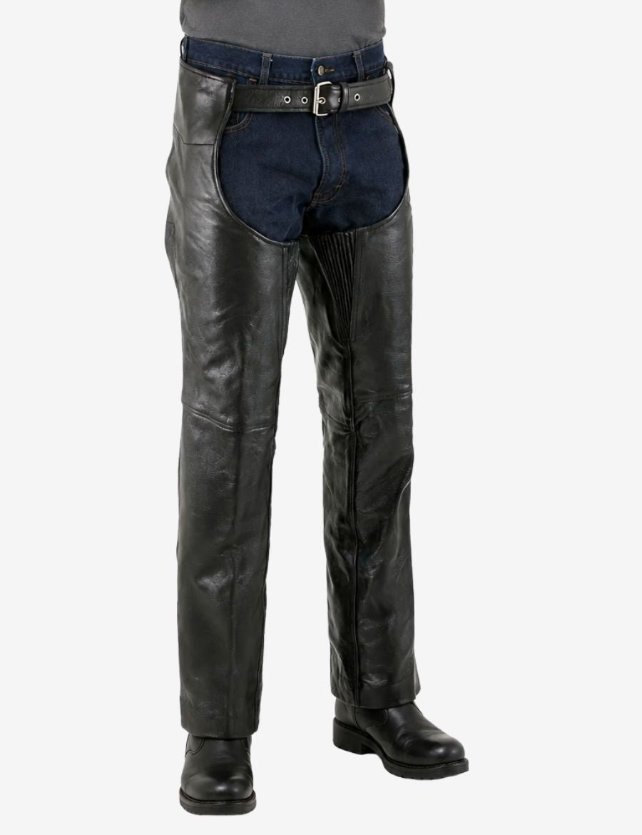 Angled front view of genuine leather biker chaps for men with rear zippers and utility patch pocket.