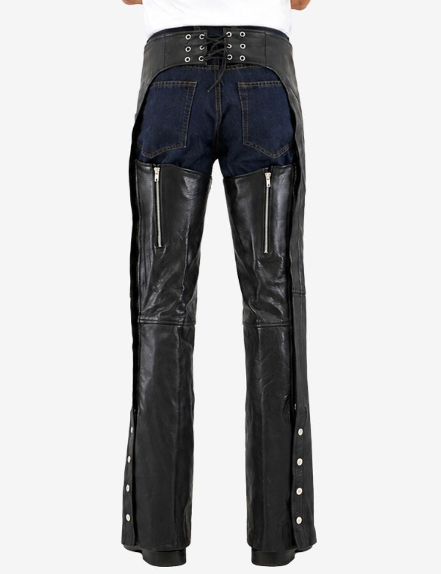 Angled front view of genuine leather biker chaps for men with rear zippers and utility patch pocket.