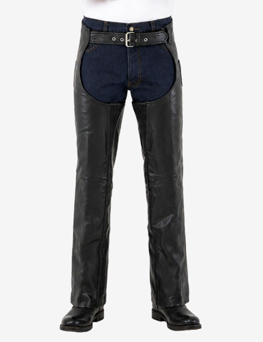 Front view of men’s genuine leather biker chaps with adjustable waist belt and smooth black leather finish.