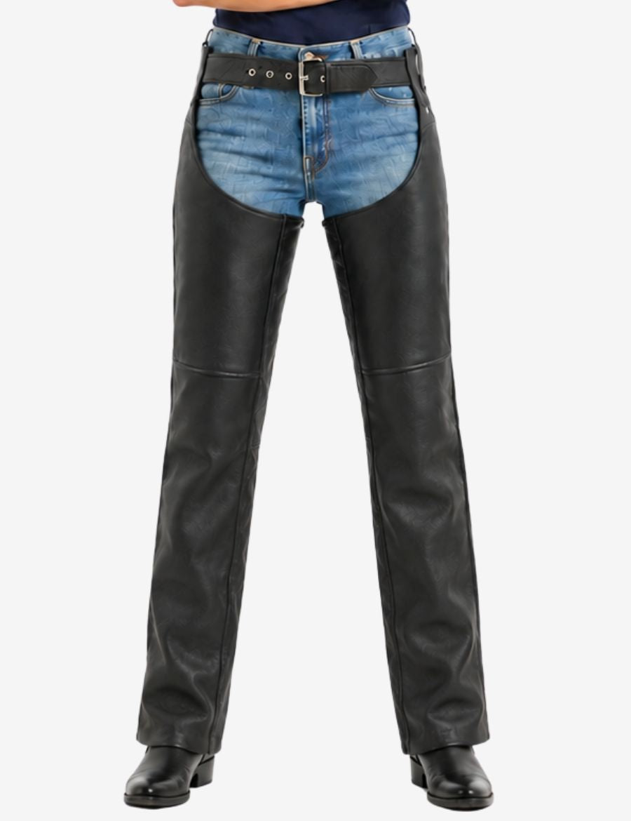 Ladies Freedom Fit motorcycle chaps crafted from premium black leather with an adjustable waist belt and riding comfort.