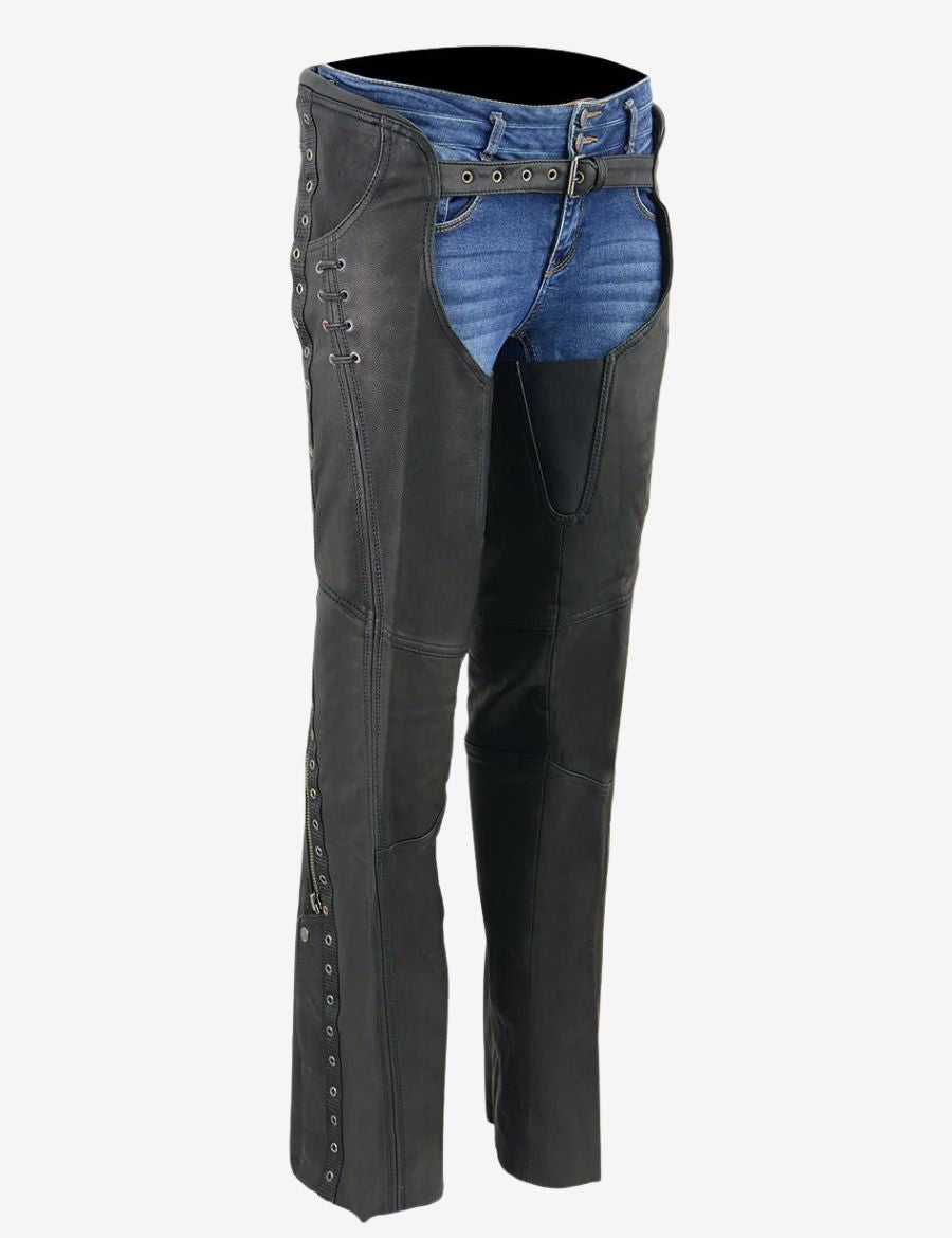 Angled front view of ladies side laced motorcycle chaps highlighting lace-up sides and premium leather construction.