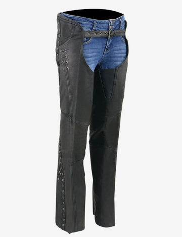 Angled front view of ladies side laced motorcycle chaps highlighting lace-up sides and premium leather construction.