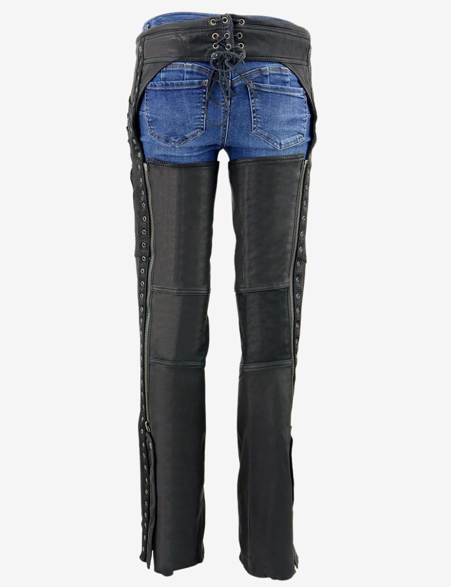 Back view of ladies side laced motorcycle chaps featuring rear lace adjustment and full-length leather leg coverage.