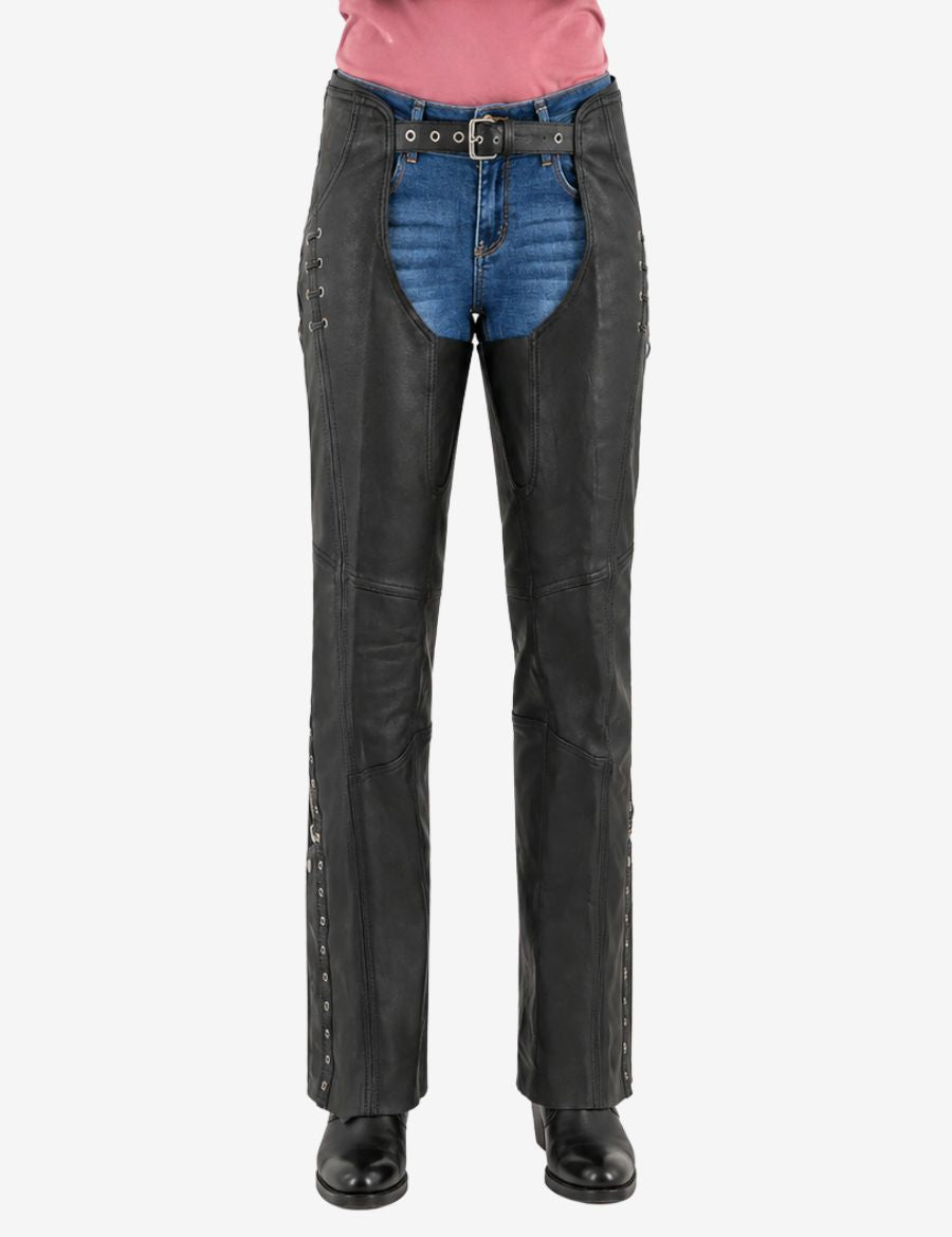 Ladies side laced motorcycle chaps crafted from black leather with adjustable waist belt and protective riding fit.