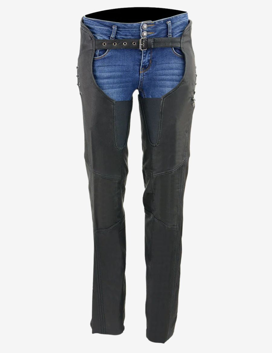 Front view of ladies side laced motorcycle chaps with black leather panels and adjustable buckle waist closure.