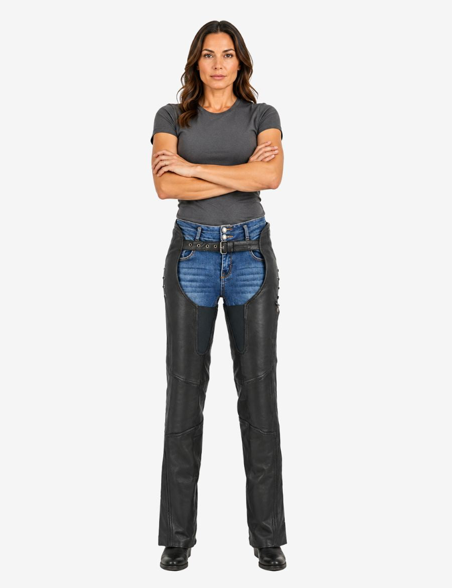 Female model wearing ladies side laced motorcycle chaps designed for comfort, protection, and long-distance riding.