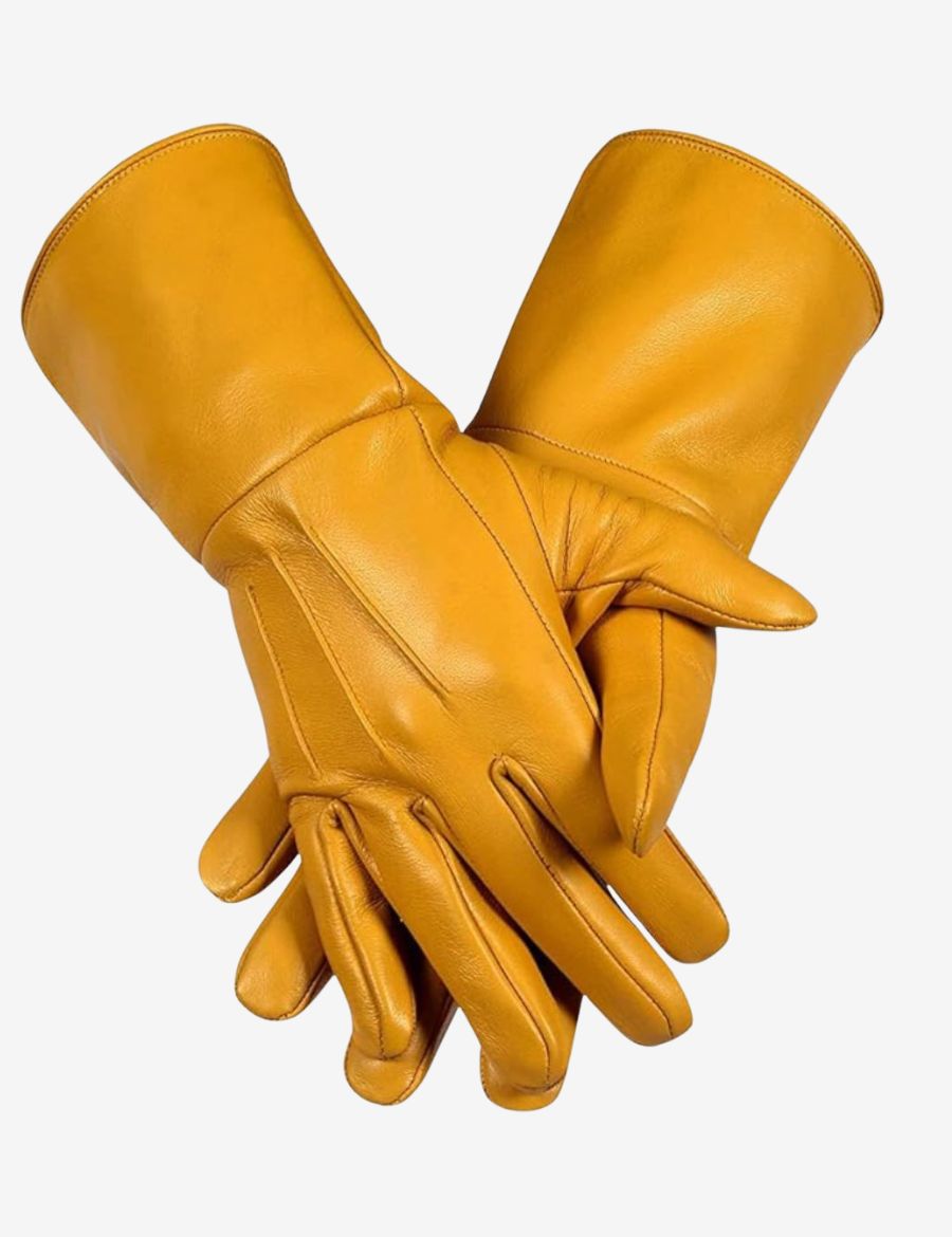 Golden tan leather bull riding gauntlet gloves with extended protective cuffs shown in full pair front view.