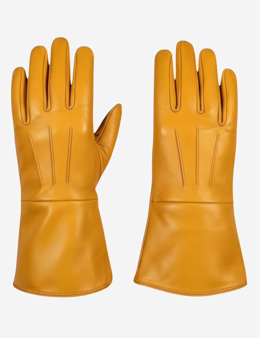 Golden tan leather bull riding gauntlet gloves with extended protective cuffs shown in full pair front view.