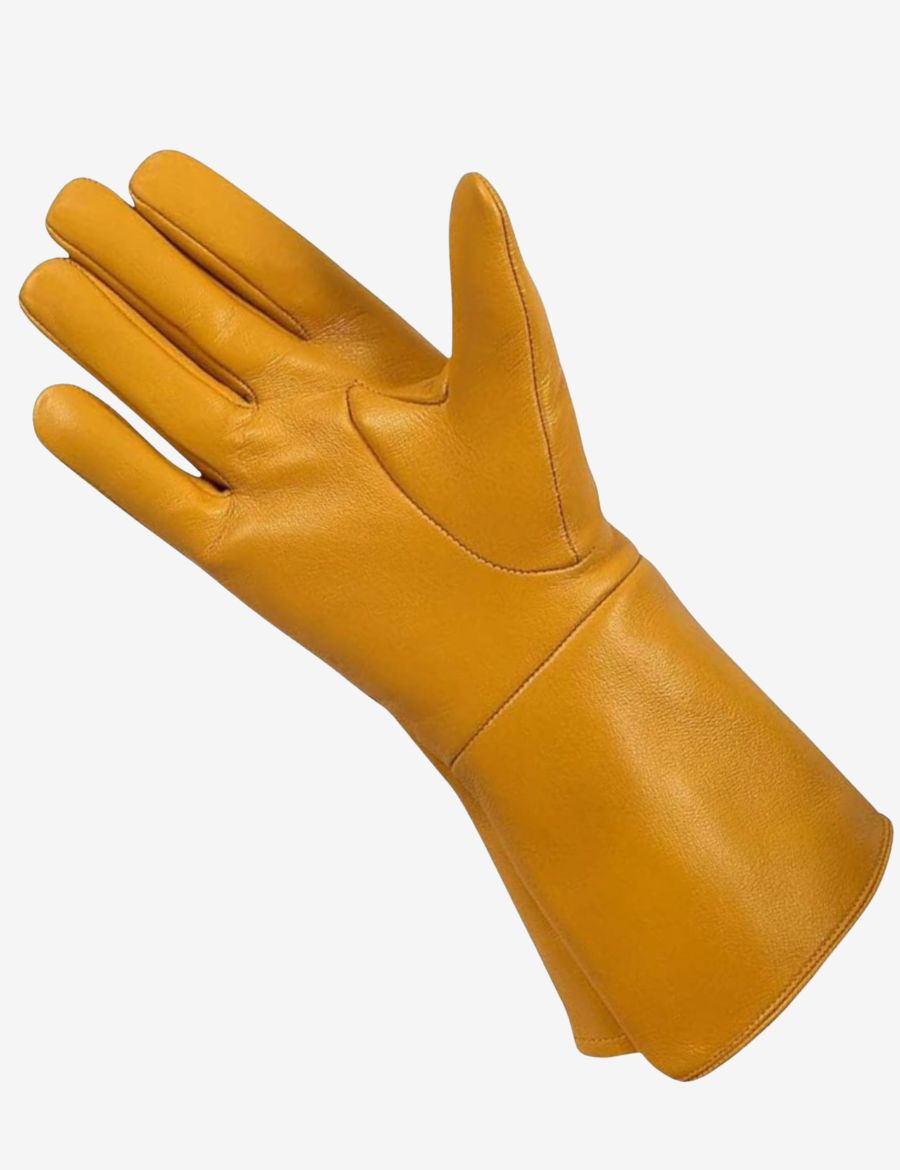 Golden tan leather bull riding gauntlet glove displaying smooth palm design and extended cuff for rodeo hand protection.
