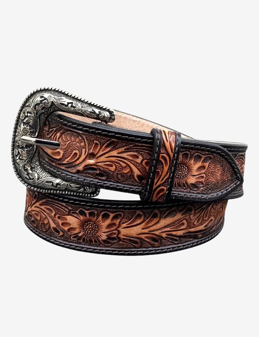 Back side view of floral tooled western belt showing removable buckle attachment and premium leather construction.